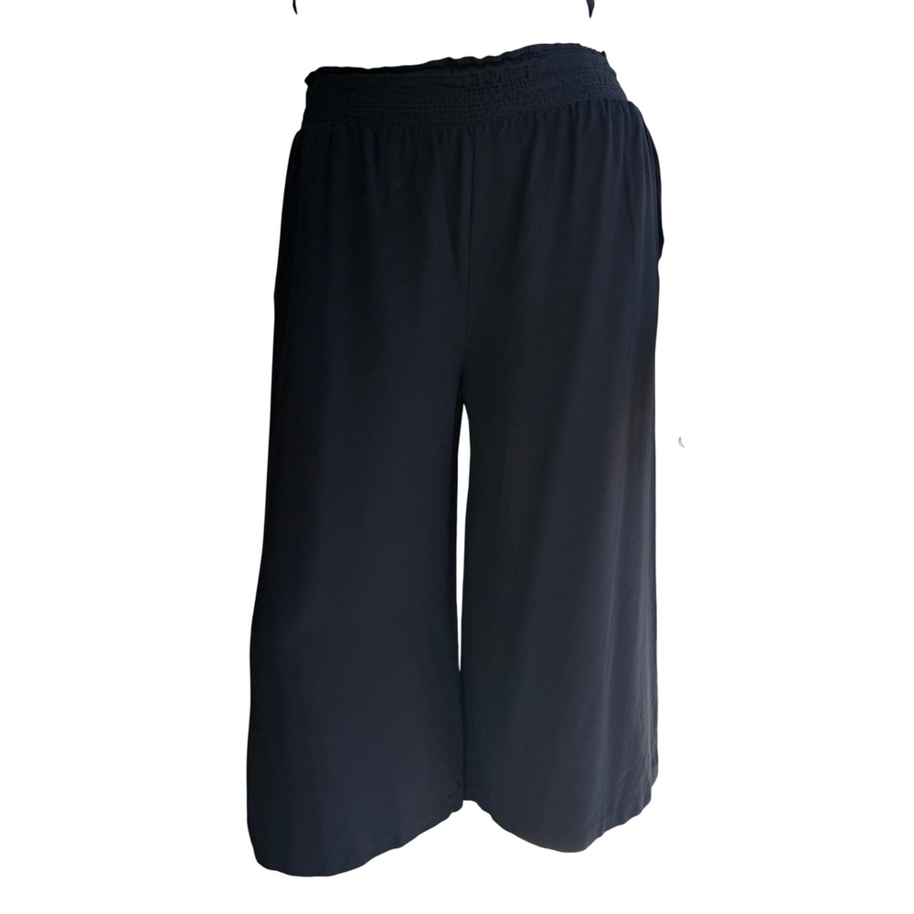 Vintage Wide Leg Pants Black Rayon Smocked‎ High Waist Cropped Culottes Large